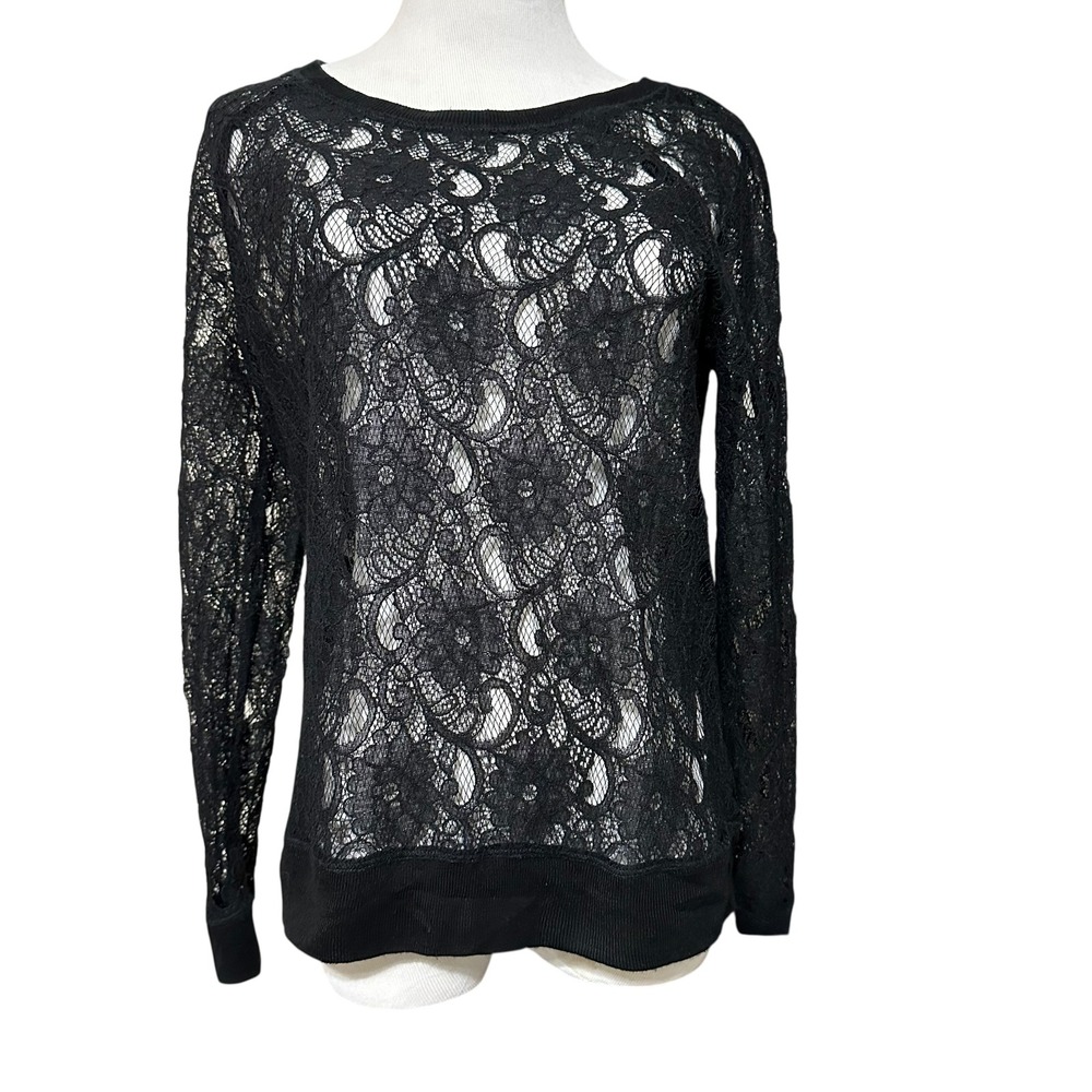 LOFT Black Lace Floral Sheer Long Sleeve Pullover Top S Fairy Grunge‎ Whimsigoth